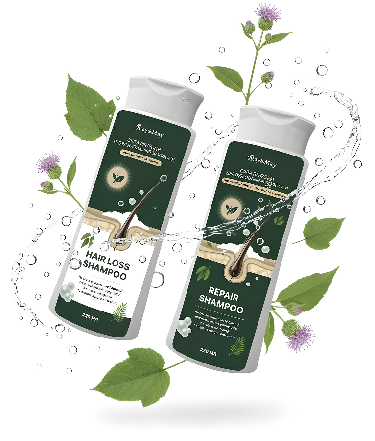 художня ілюстрація May&May пляшки з шампунями з рослинами та водою